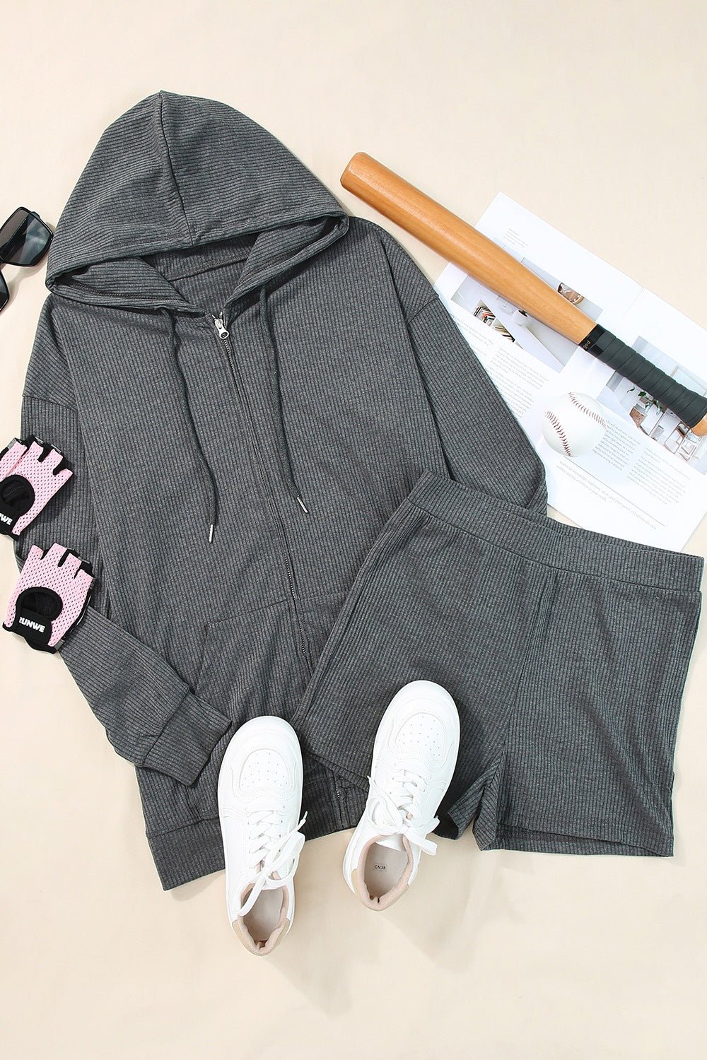 Stylish Drawstring Zip-Up Sweatshirt & Shorts Set - Kalizeh