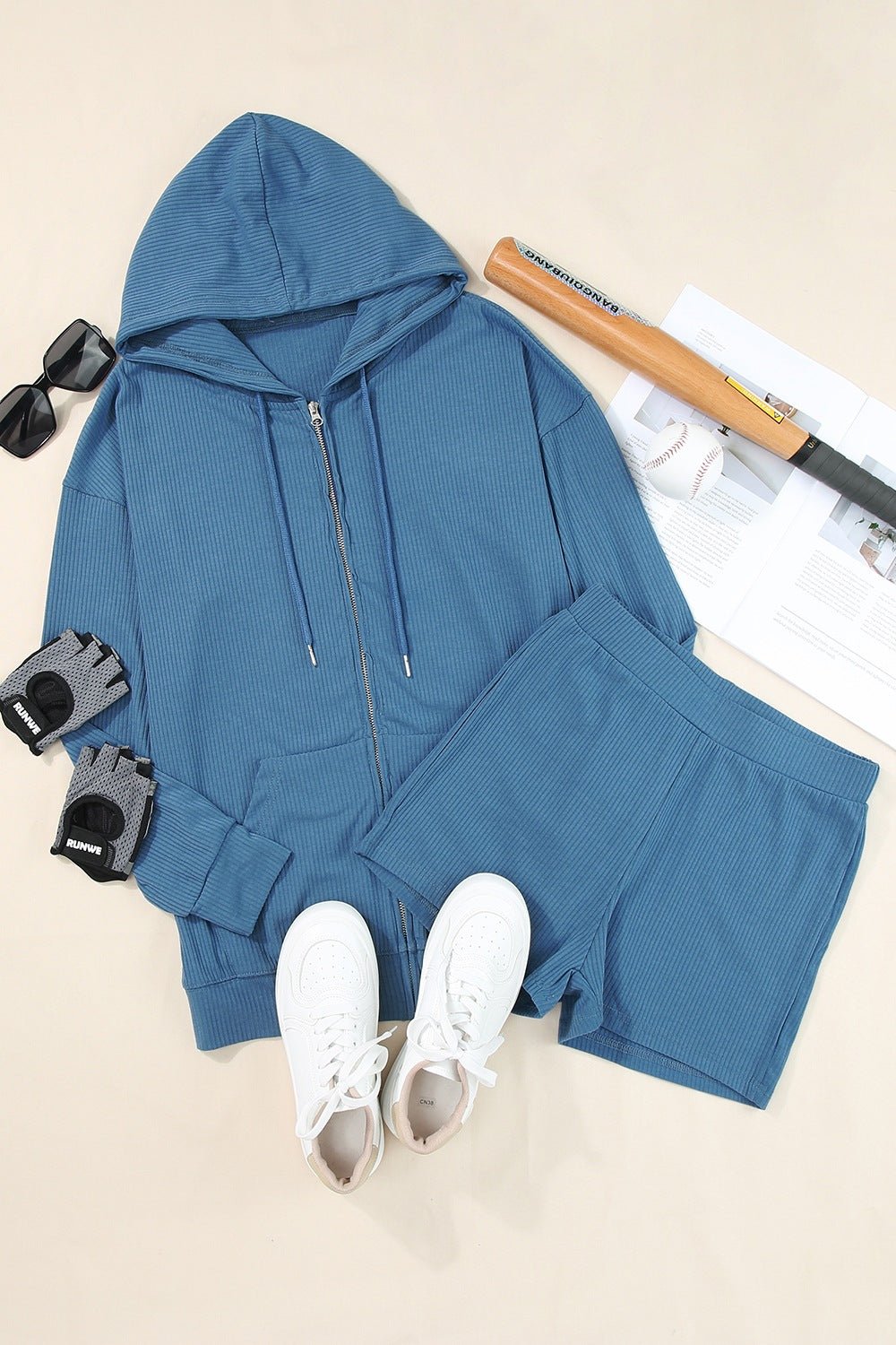 Stylish Drawstring Zip-Up Sweatshirt & Shorts Set - Kalizeh