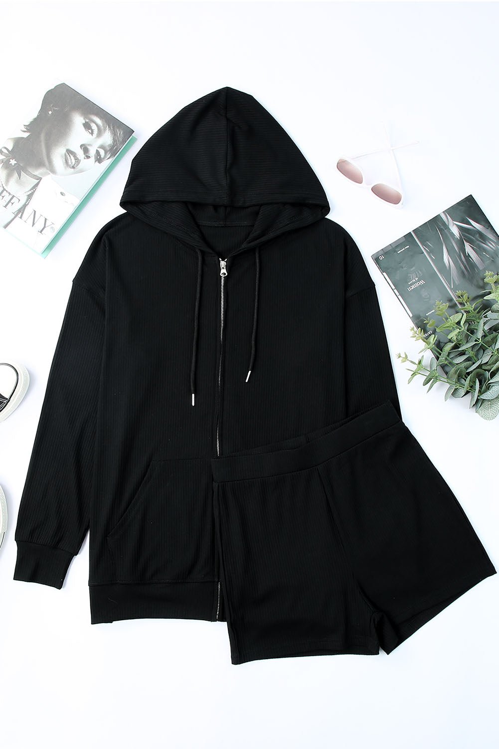 Stylish Drawstring Zip-Up Sweatshirt & Shorts Set - Kalizeh