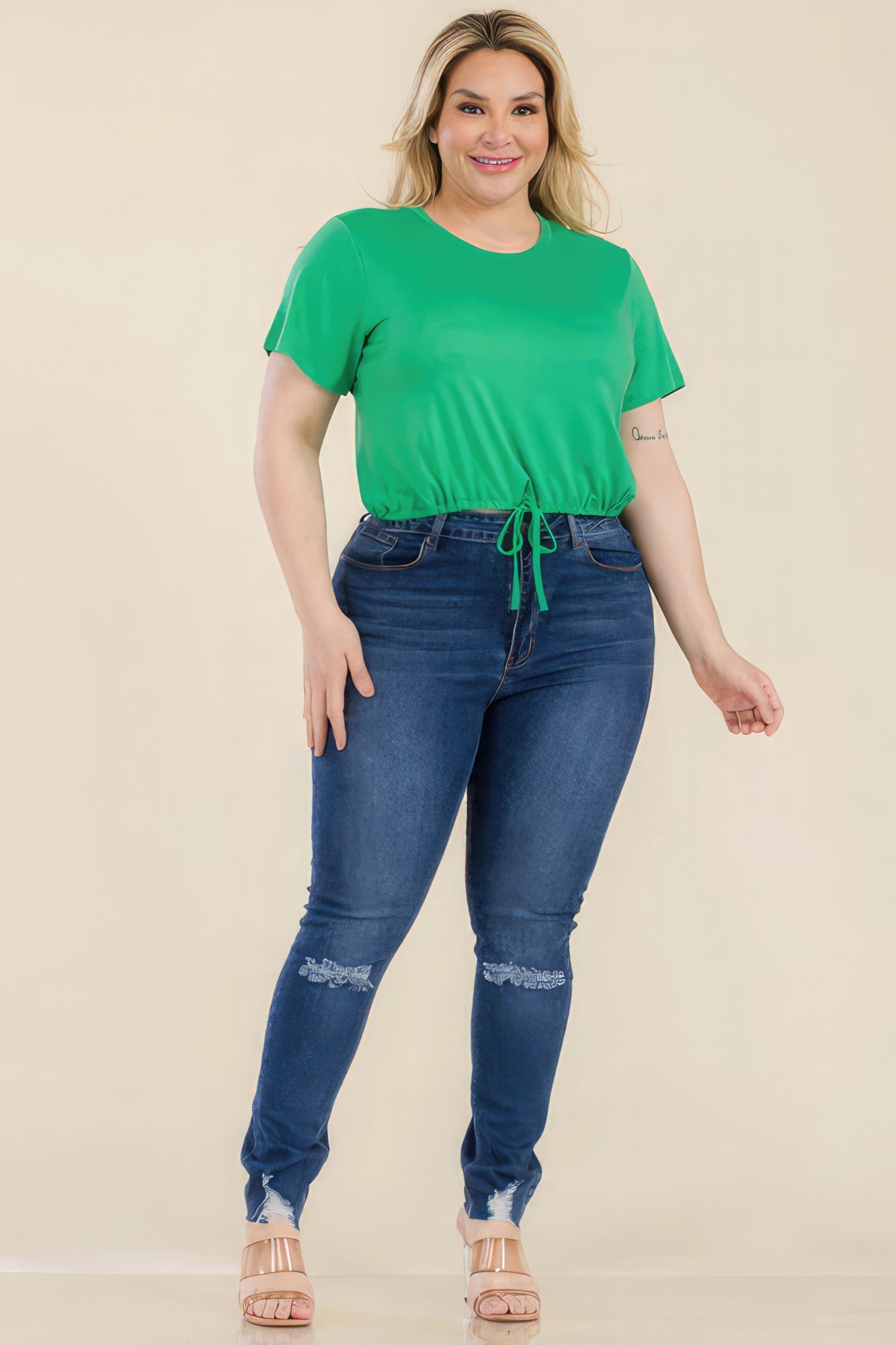 Stylish Green Plus Size Tie Front Crop Top - Kalizeh