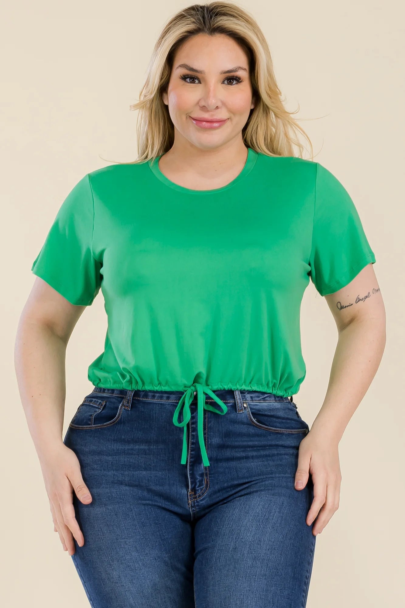 Stylish Green Plus Size Tie Front Crop Top - Kalizeh