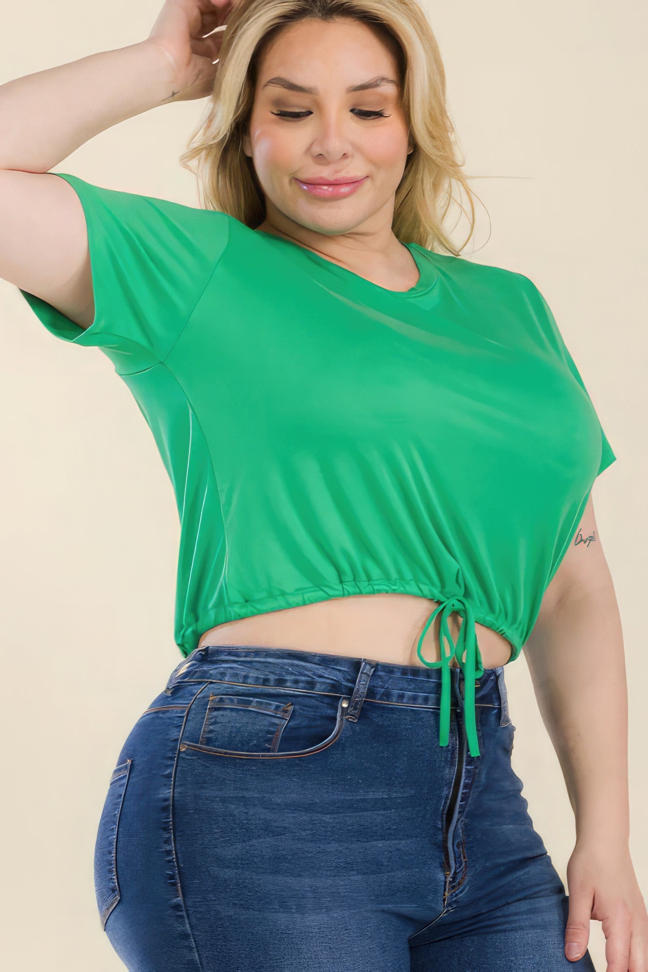 Stylish Green Plus Size Tie Front Crop Top - Kalizeh