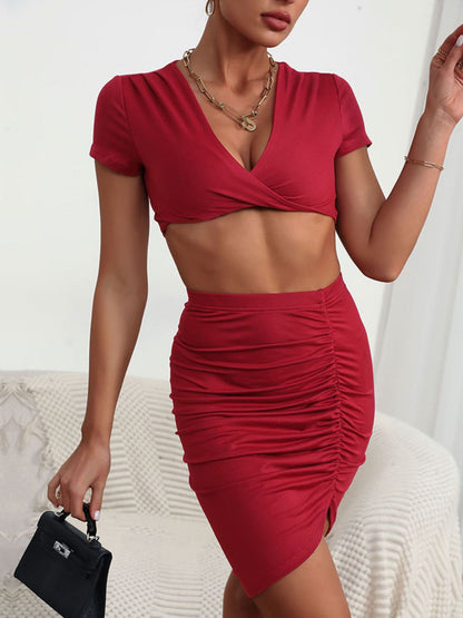 Sultry Sophisticated Twisted Deep V Cropped Top and Ruched Skirt Set - Kalizeh