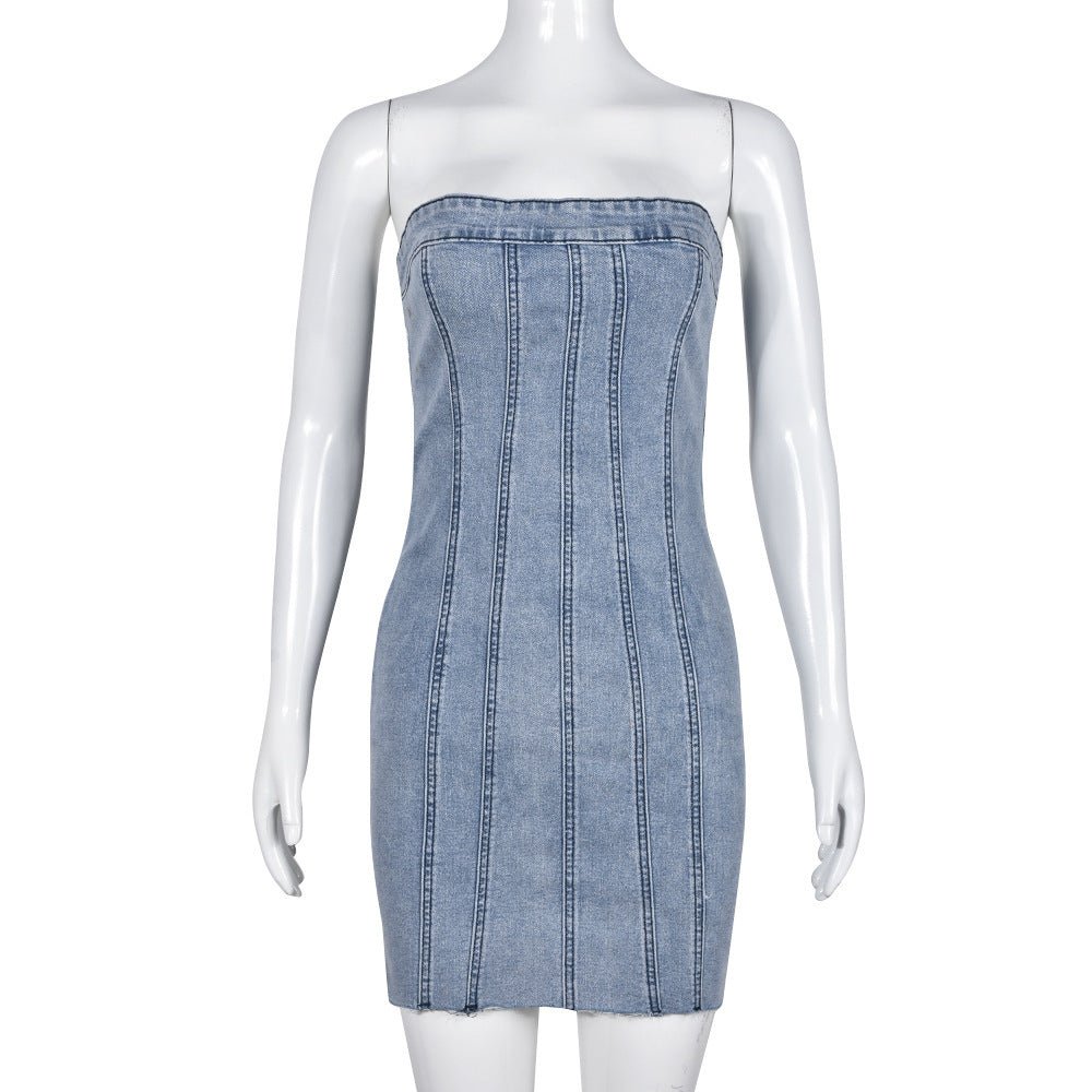 Summer Chic Tube Denim Dress with Backless Design - Kalizeh