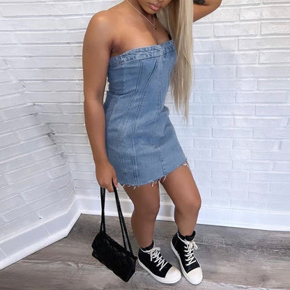 Summer Chic Tube Denim Dress with Backless Design - Kalizeh