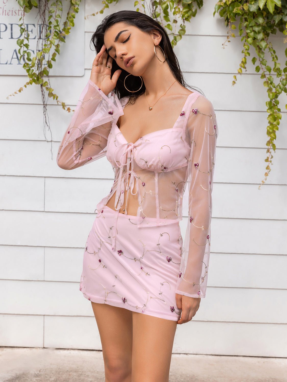 Sweetheart Neck Tie Front Top and Skirt Set - Kalizeh