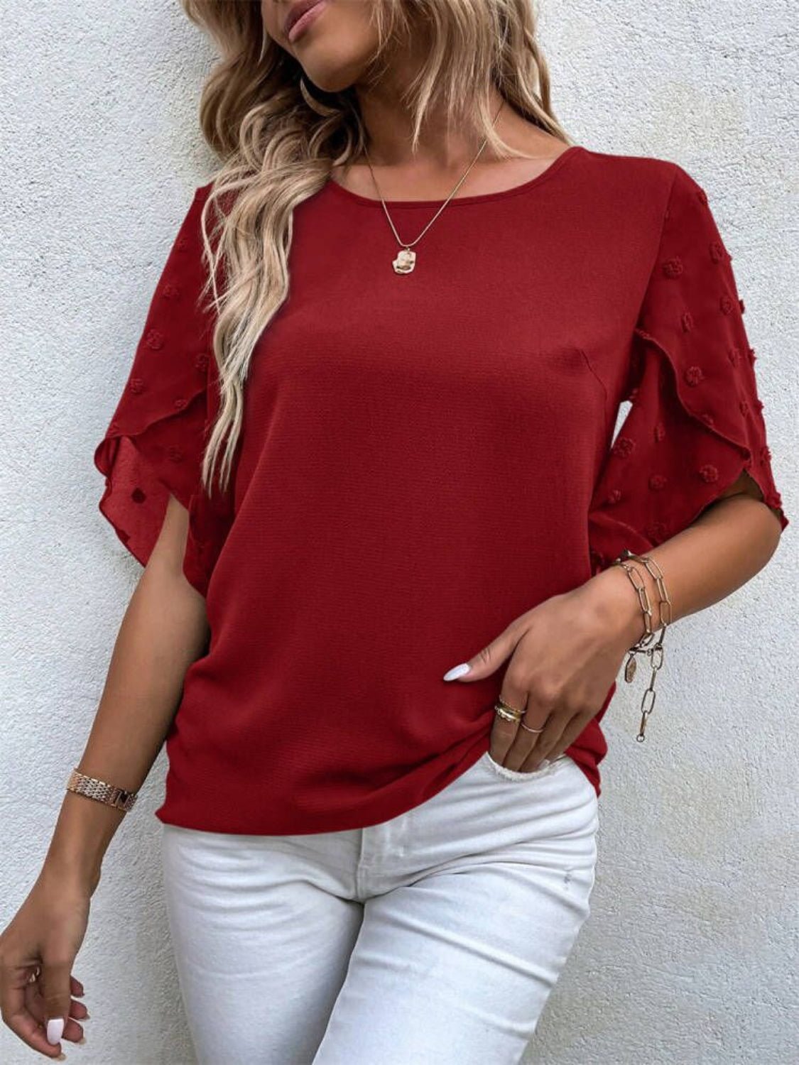 Swiss Dot Round Neck Half Sleeve Blouse - Kalizeh