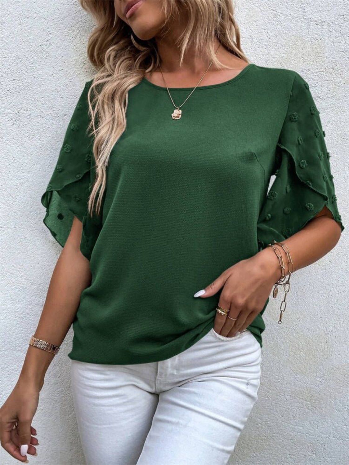 Swiss Dot Round Neck Half Sleeve Blouse - Kalizeh