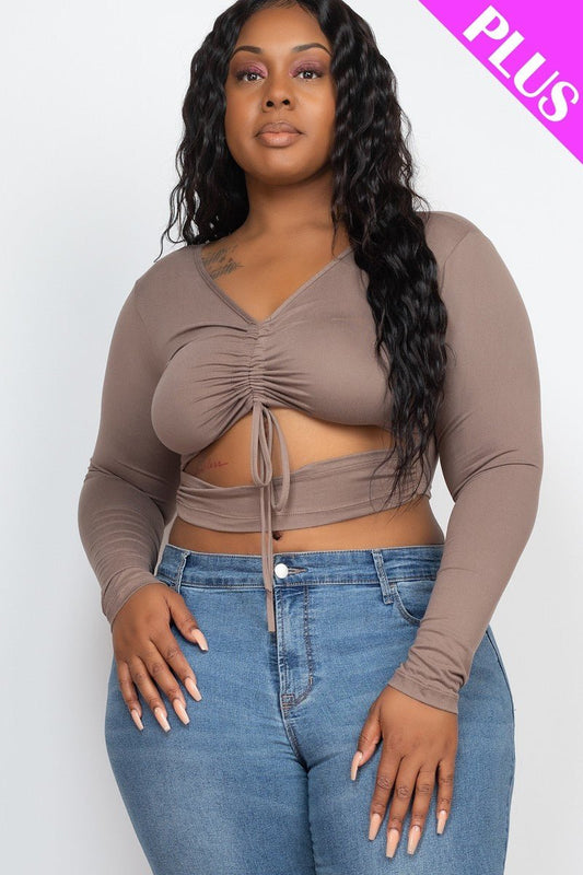 Taupe Plus Size Drawstring Ruched Cutout Crop Top - Kalizeh