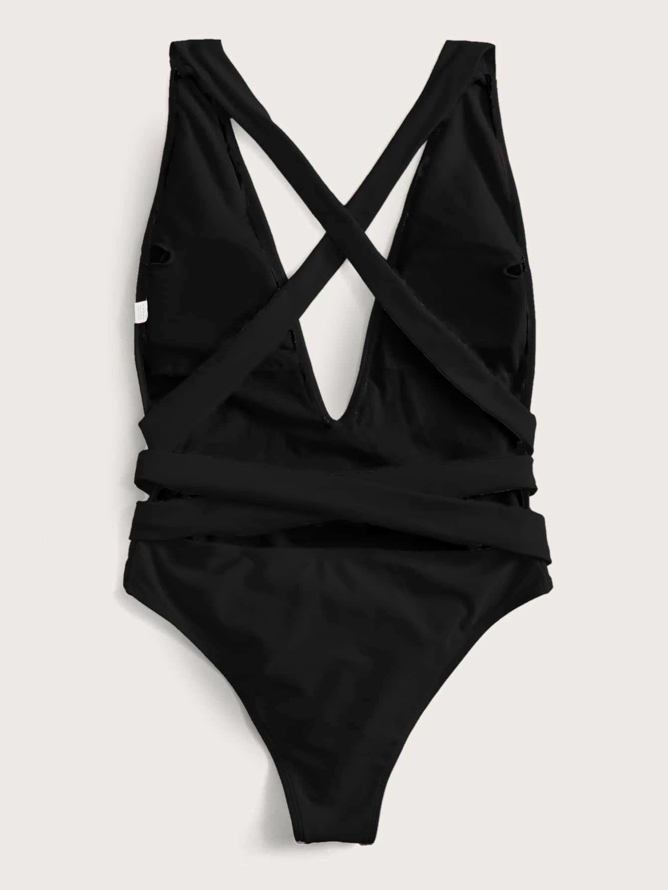 Tied Halter Neck Deep V One-Piece Swimsuit - Kalizeh