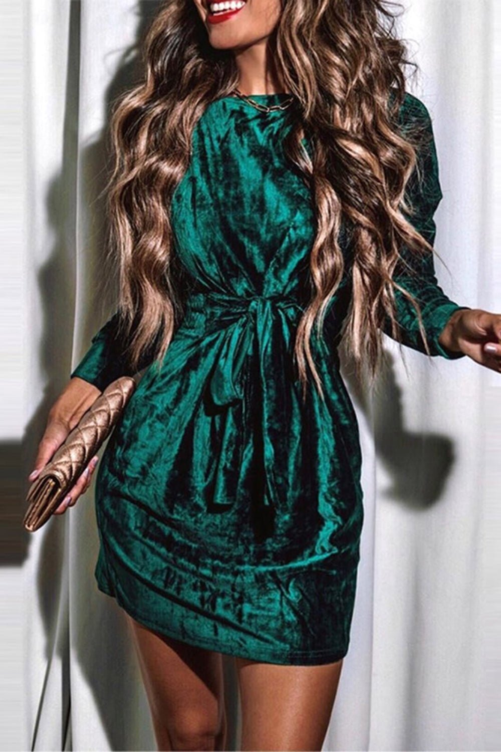 Tied Round Neck Long Sleeve Dress - Kalizeh