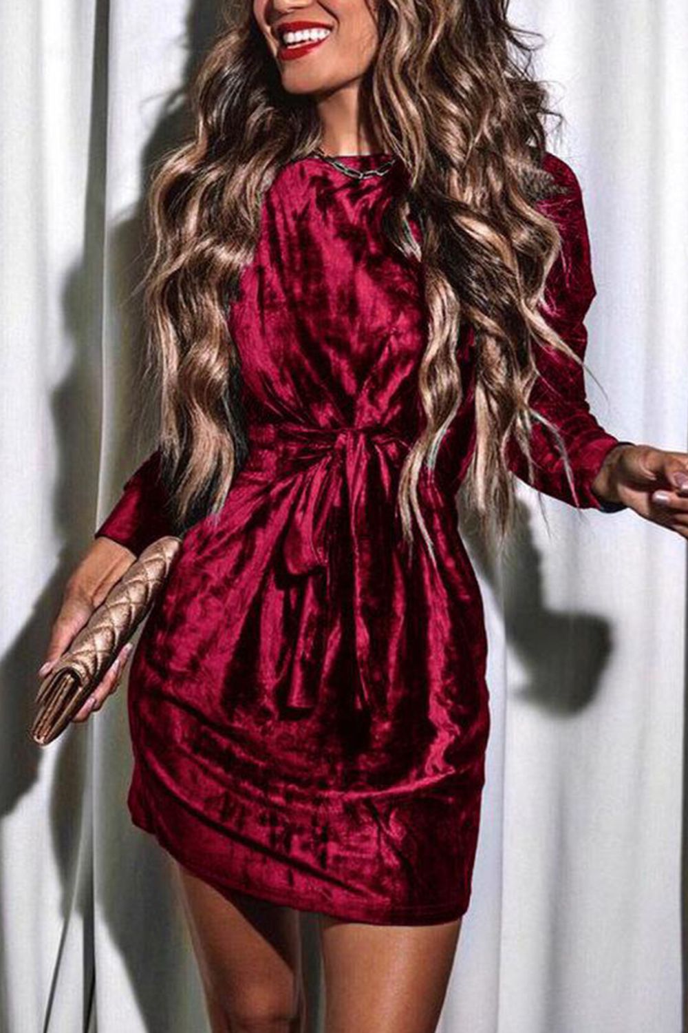 Tied Round Neck Long Sleeve Dress - Kalizeh