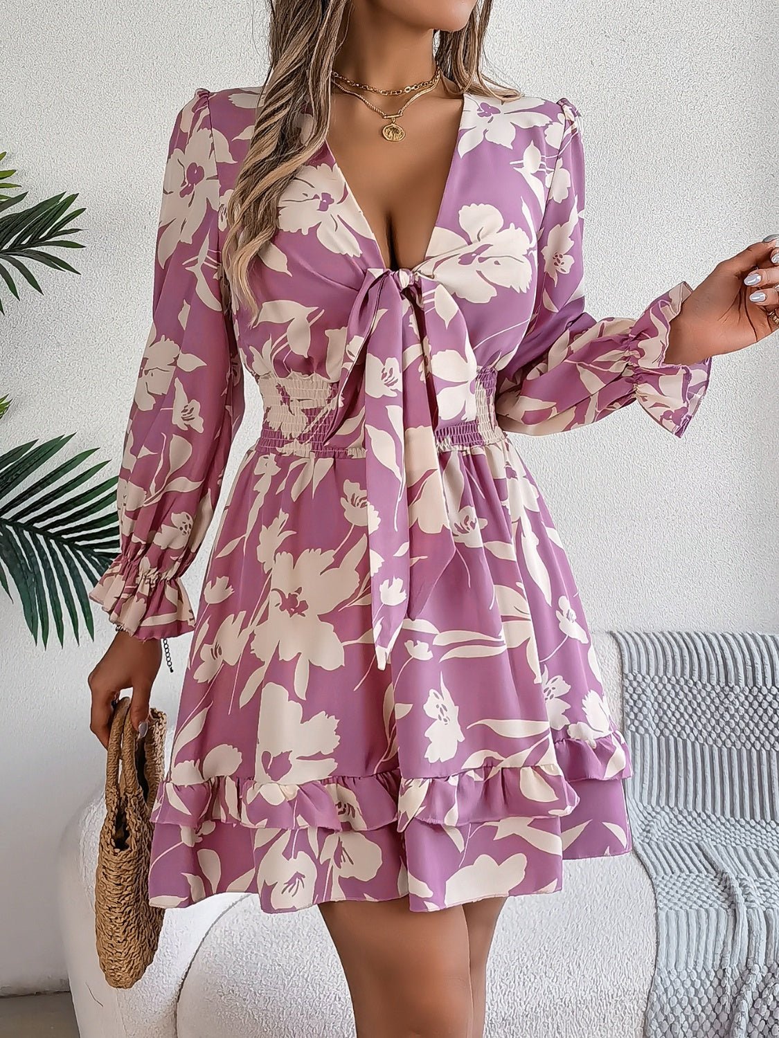 Tied Ruffled Printed Long Sleeve Dress - Kalizeh