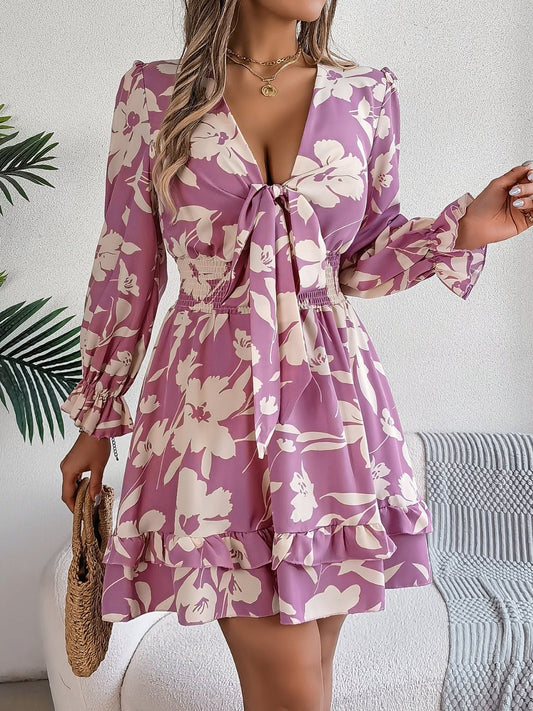 Tied Ruffled Printed Long Sleeve Dress - Kalizeh