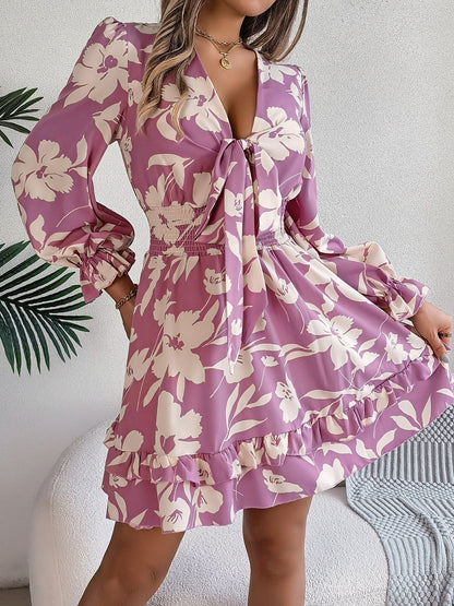 Tied Ruffled Printed Long Sleeve Dress - Kalizeh