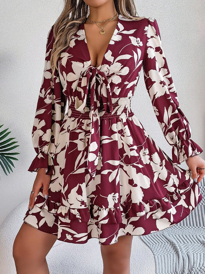 Tied Ruffled Printed Long Sleeve Dress - Kalizeh