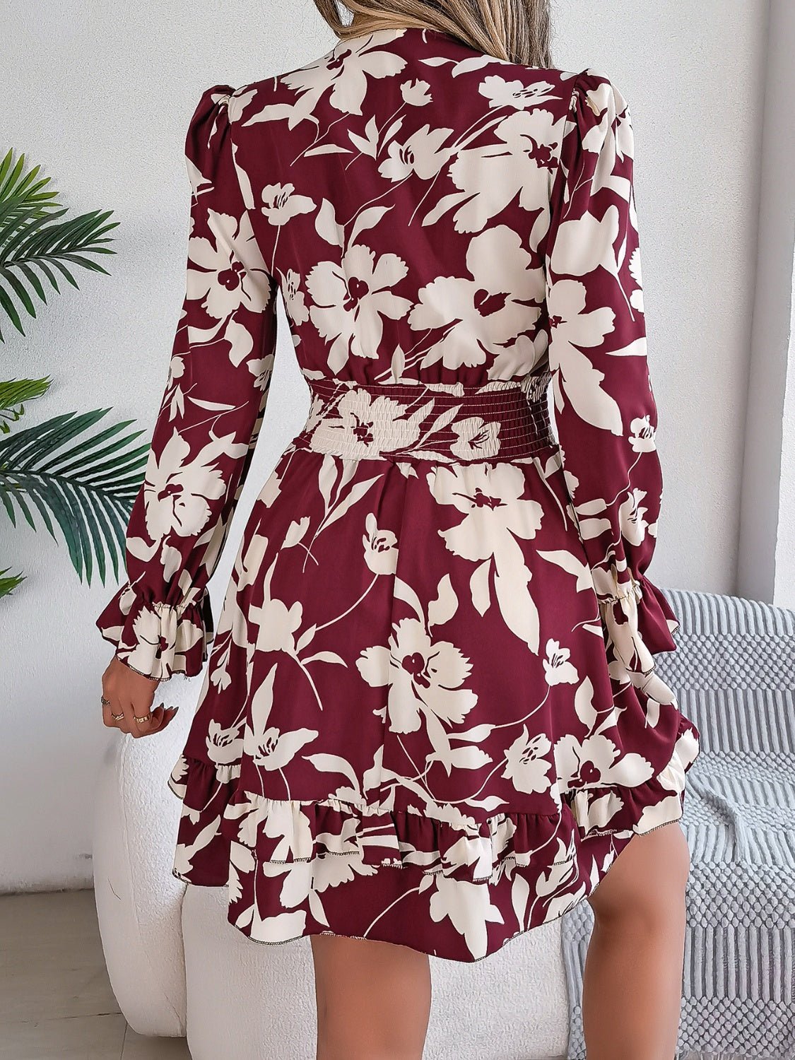 Tied Ruffled Printed Long Sleeve Dress - Kalizeh