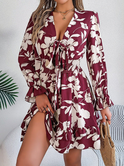 Tied Ruffled Printed Long Sleeve Dress - Kalizeh