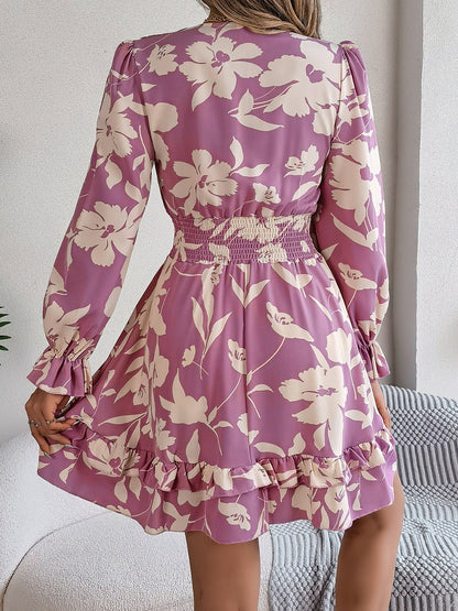 Tied Ruffled Printed Long Sleeve Dress - Kalizeh