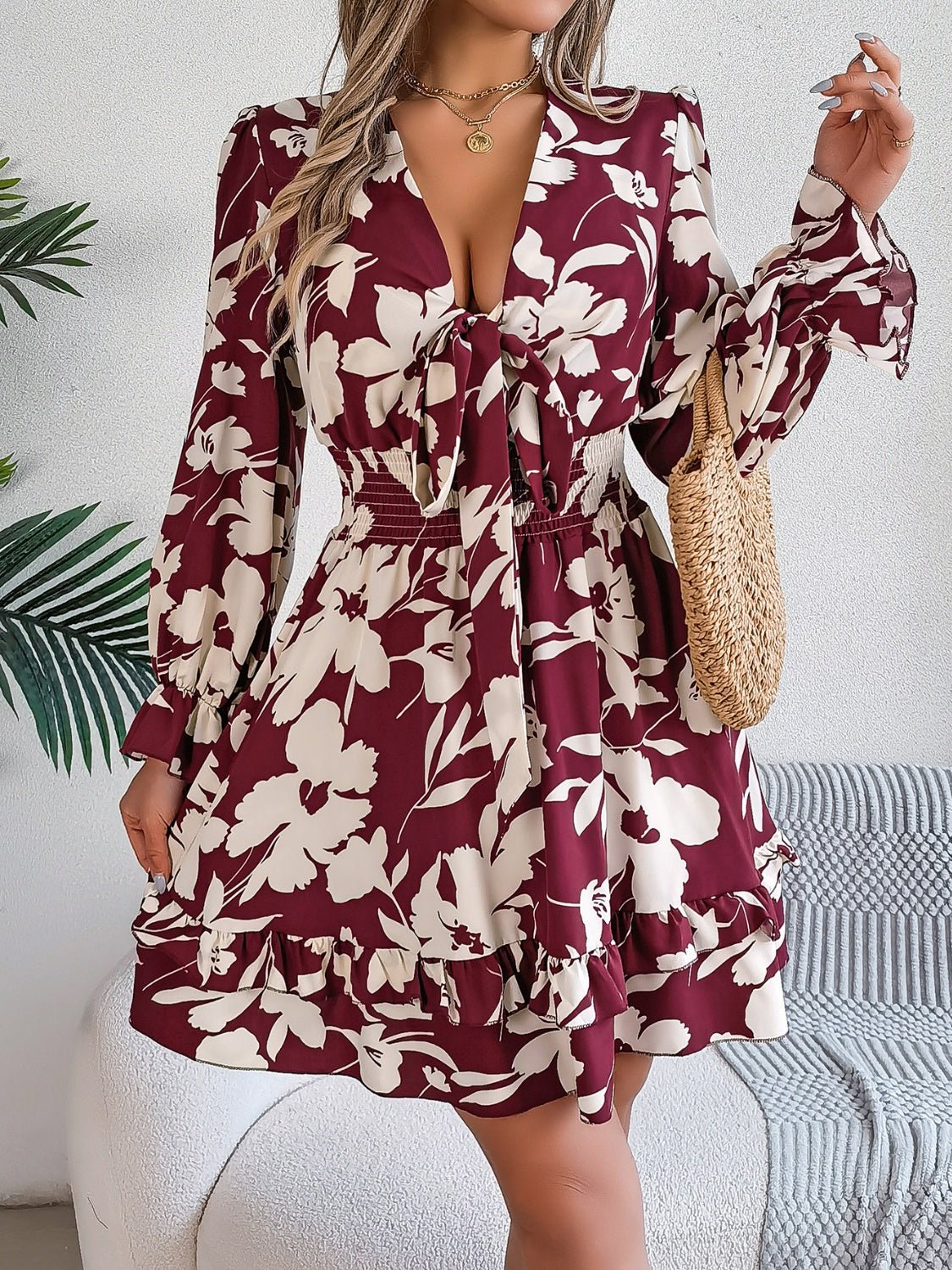 Tied Ruffled Printed Long Sleeve Dress - Kalizeh