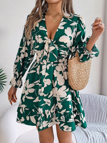 Tied Ruffled Printed Long Sleeve Dress - Kalizeh