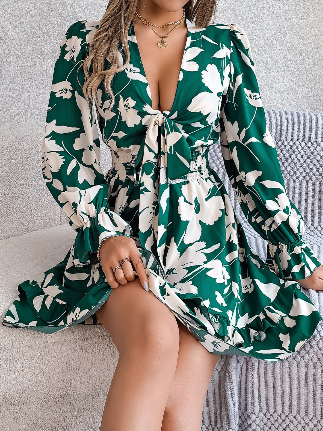 Tied Ruffled Printed Long Sleeve Dress - Kalizeh