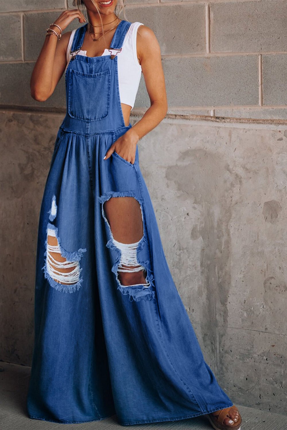 Urban Chic Distressed Wide Leg Denim Overalls - Kalizeh