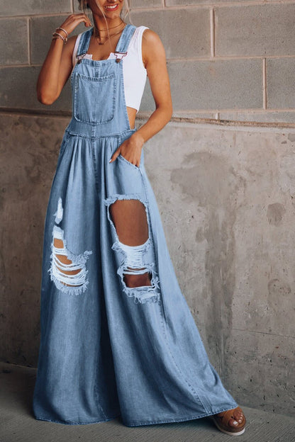 Urban Chic Distressed Wide Leg Denim Overalls - Kalizeh