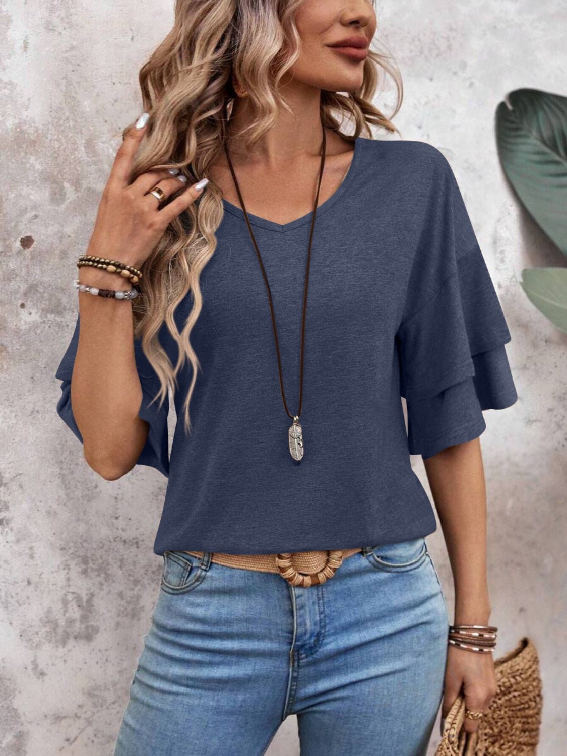 V - Neck Half Sleeve Blouse - Kalizeh