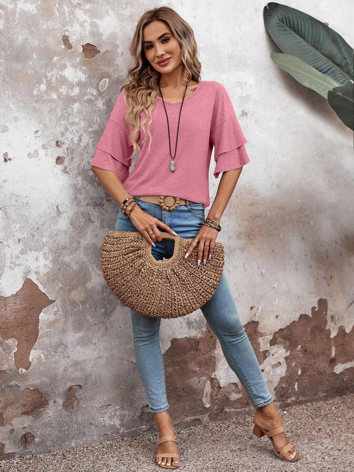 V - Neck Half Sleeve Blouse - Kalizeh