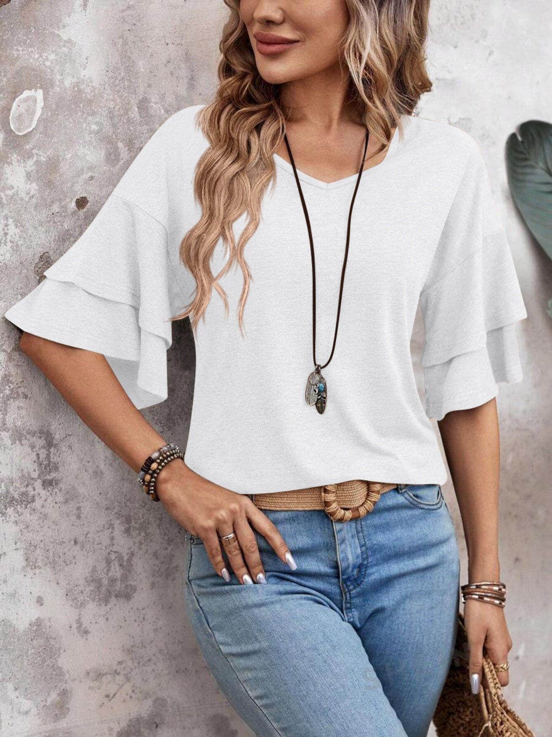 V - Neck Half Sleeve Blouse - Kalizeh