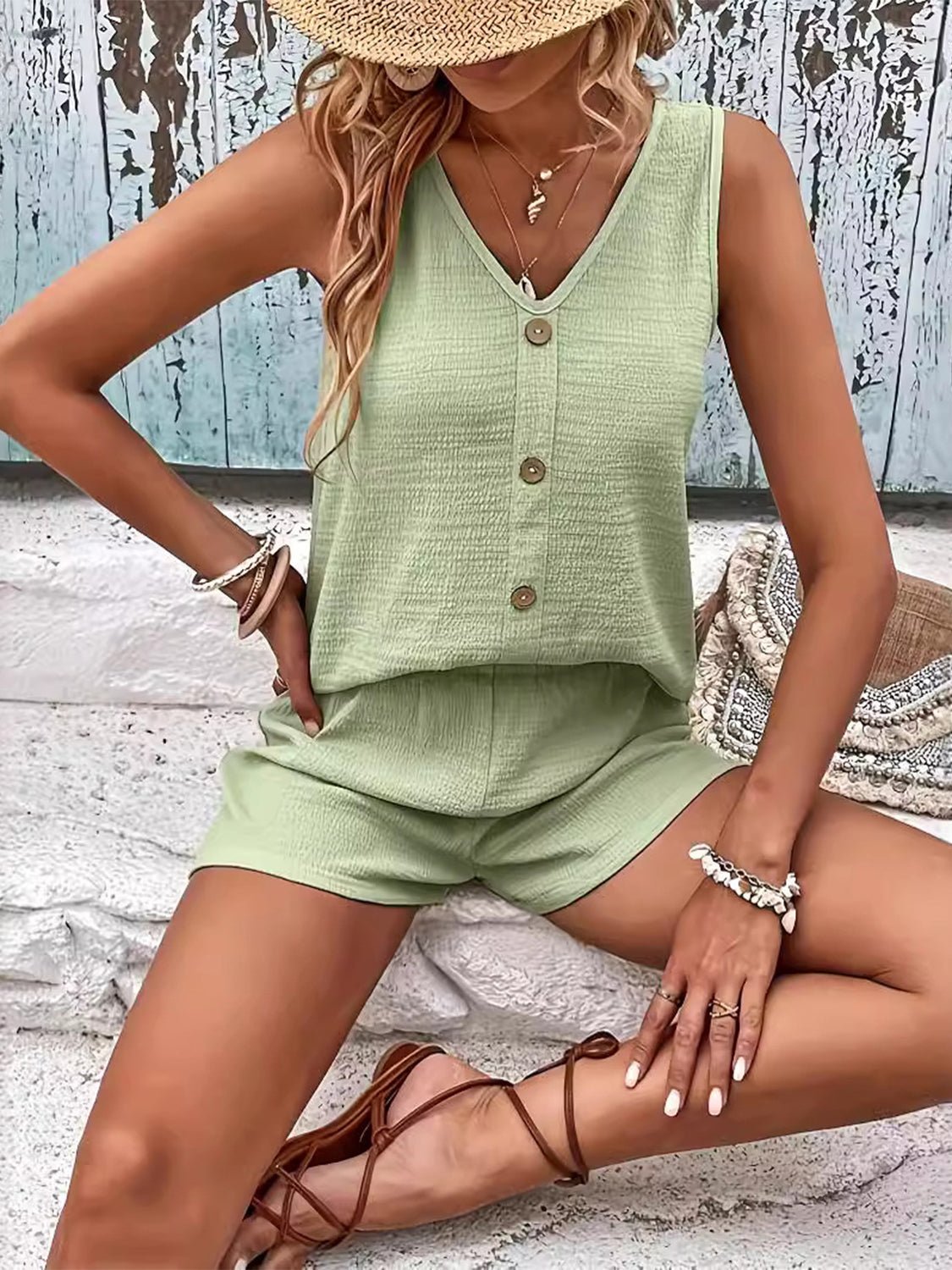 V - Neck Wide Strap Top and Shorts Set - Kalizeh