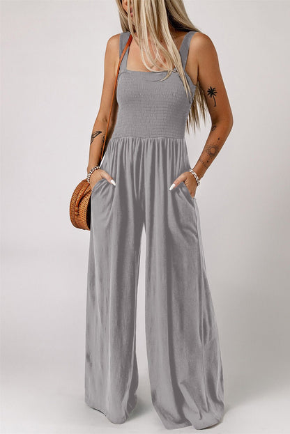 Versatile Elegance Smocked Square Neck Wide Leg Jumpsuit - Kalizeh