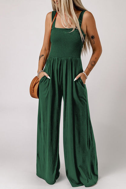 Versatile Elegance Smocked Square Neck Wide Leg Jumpsuit - Kalizeh