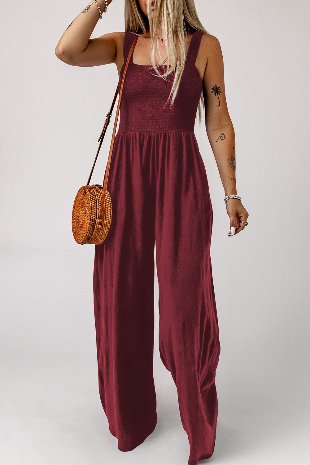 Versatile Elegance Smocked Square Neck Wide Leg Jumpsuit - Kalizeh