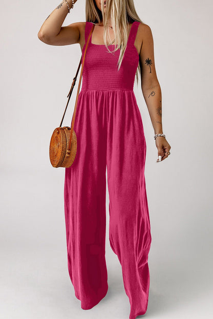 Versatile Elegance Smocked Square Neck Wide Leg Jumpsuit - Kalizeh