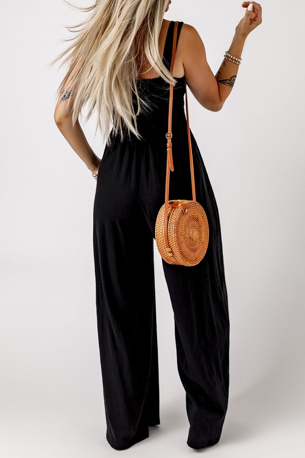 Versatile Elegance Smocked Square Neck Wide Leg Jumpsuit - Kalizeh