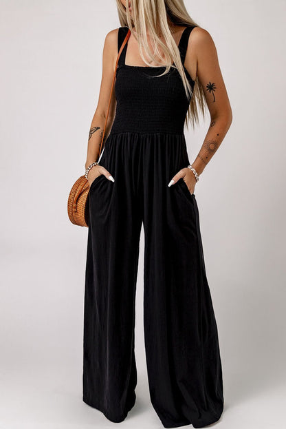 Versatile Elegance Smocked Square Neck Wide Leg Jumpsuit - Kalizeh