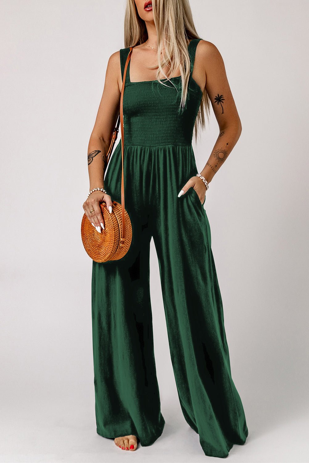 Versatile Elegance Smocked Square Neck Wide Leg Jumpsuit - Kalizeh