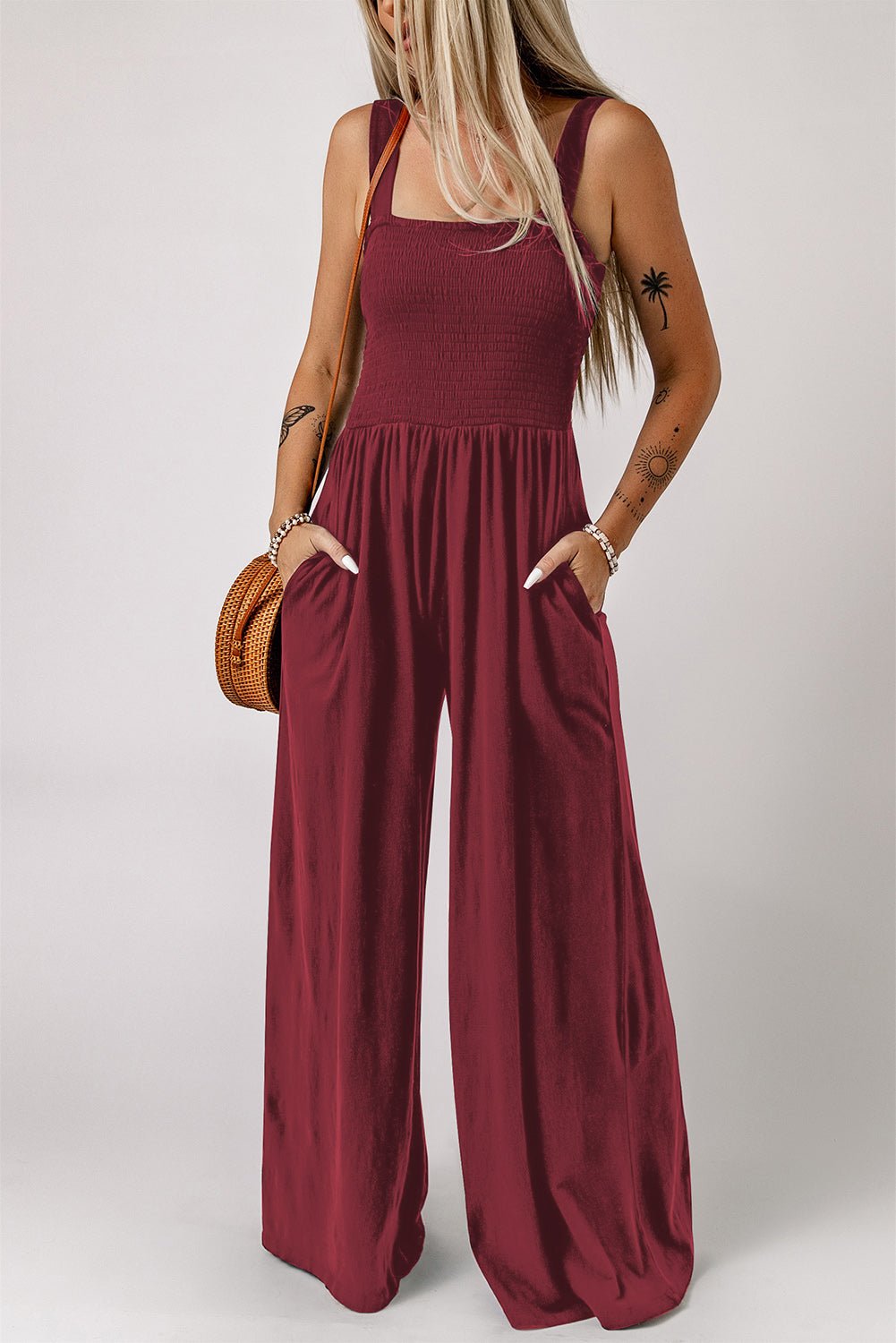 Versatile Elegance Smocked Square Neck Wide Leg Jumpsuit - Kalizeh