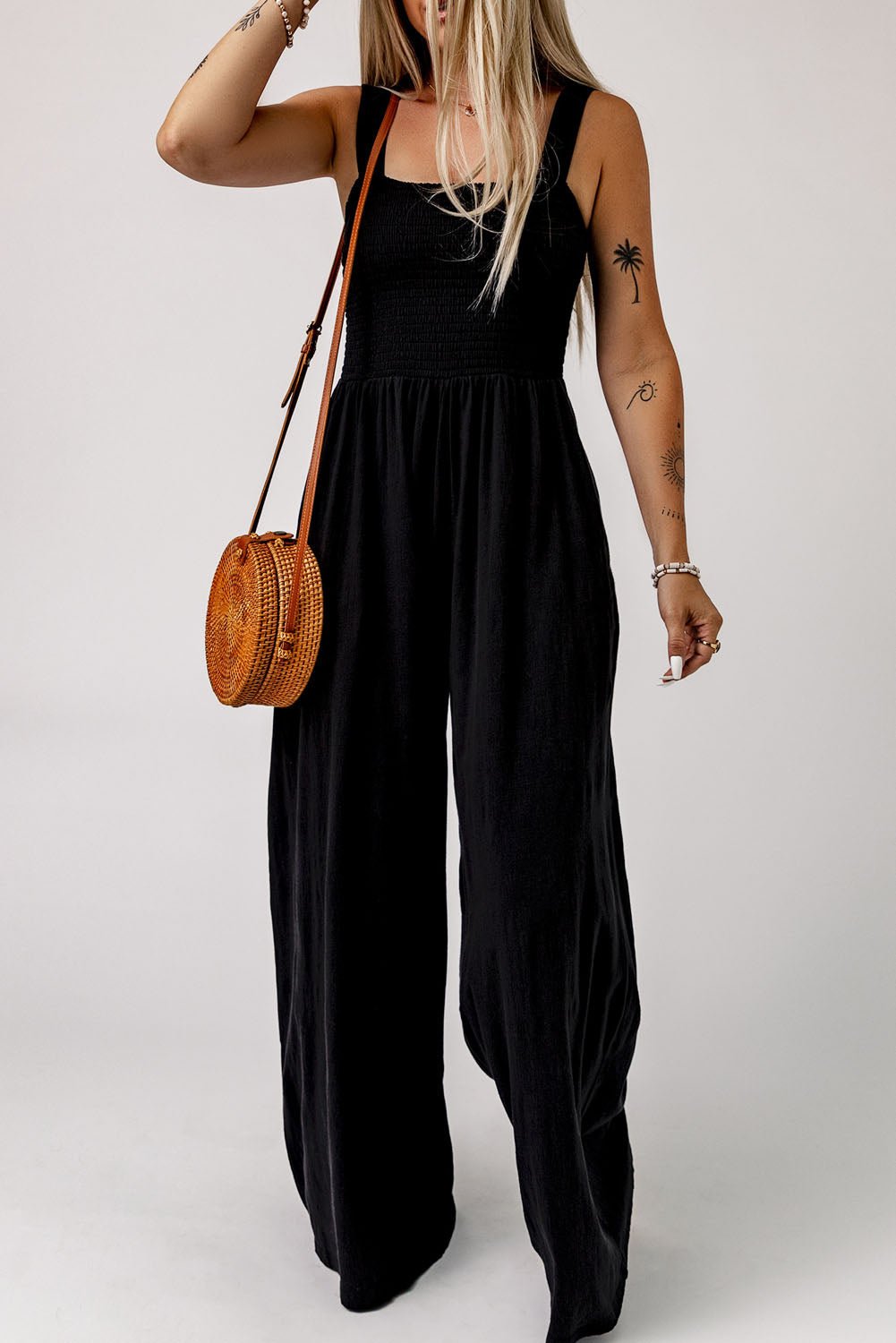 Versatile Elegance Smocked Square Neck Wide Leg Jumpsuit - Kalizeh