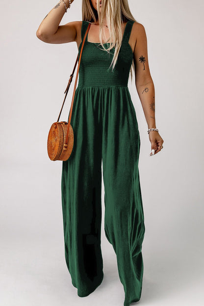 Versatile Elegance Smocked Square Neck Wide Leg Jumpsuit - Kalizeh