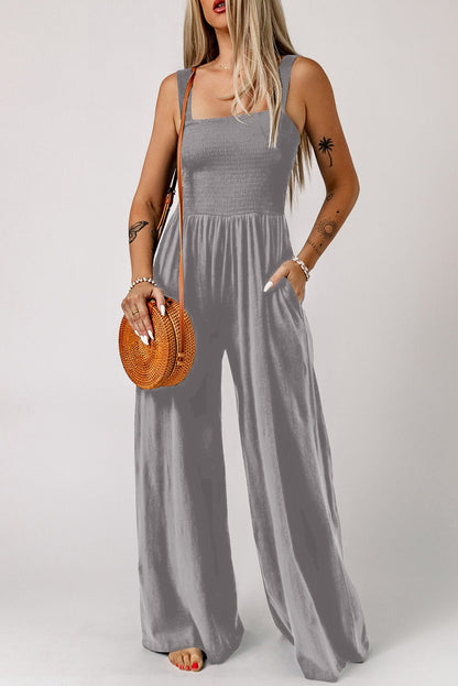 Versatile Elegance Smocked Square Neck Wide Leg Jumpsuit - Kalizeh