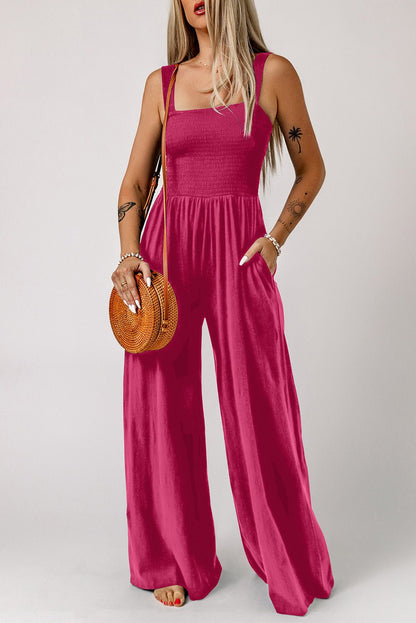 Versatile Elegance Smocked Square Neck Wide Leg Jumpsuit - Kalizeh