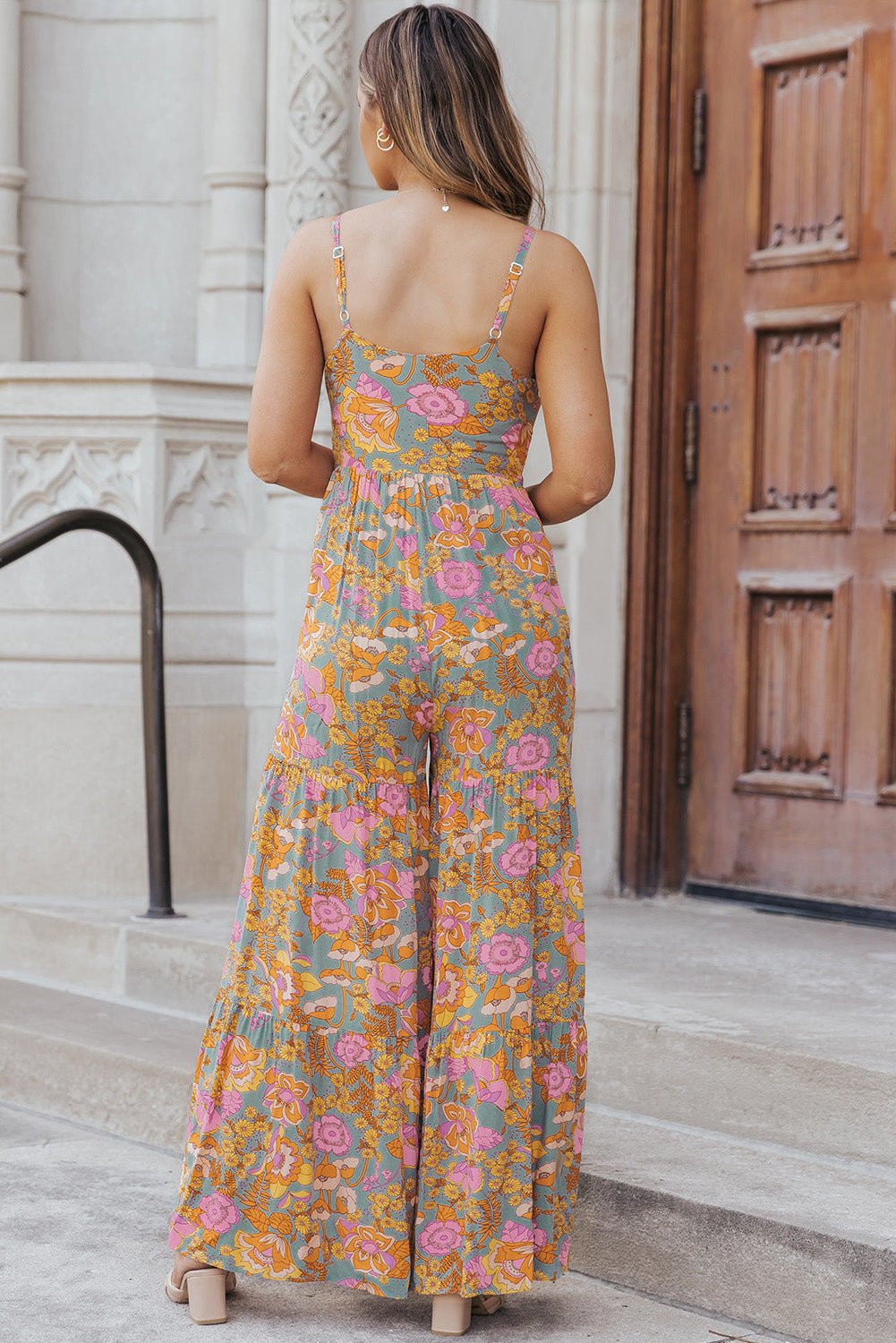 Vibrant Floral Spaghetti Strap Wide Leg Jumpsuit - Kalizeh