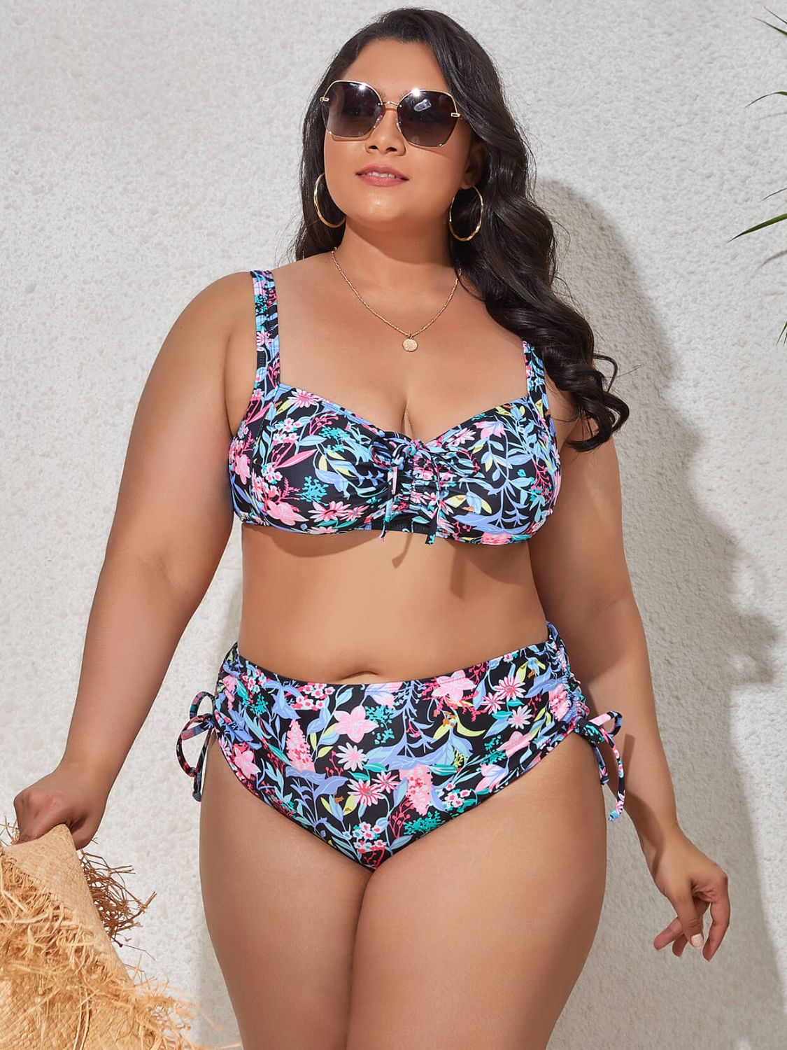 Vibrant Plus Size Printed Drawstring Detail Bikini Set - Kalizeh