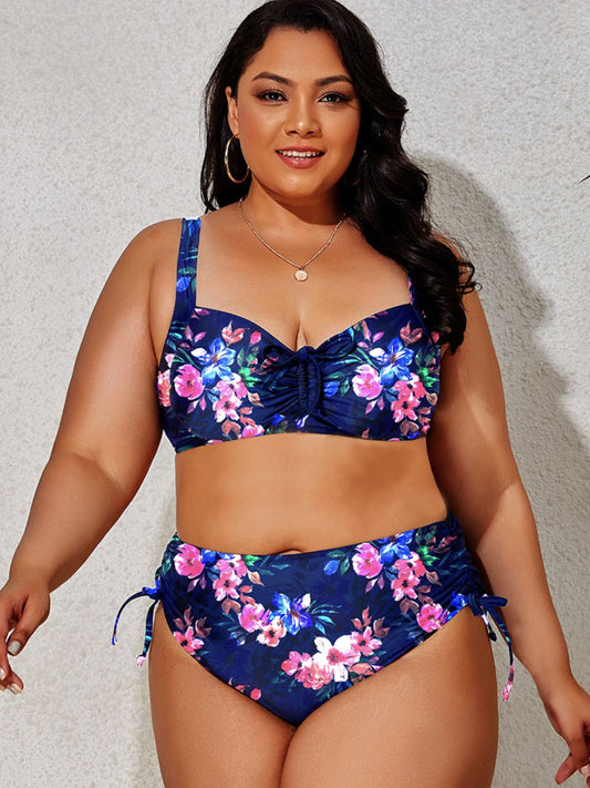 Vibrant Plus Size Printed Drawstring Detail Bikini Set - Kalizeh