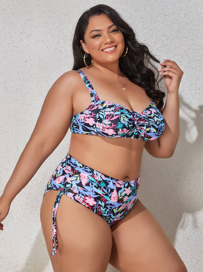 Vibrant Plus Size Printed Drawstring Detail Bikini Set - Kalizeh