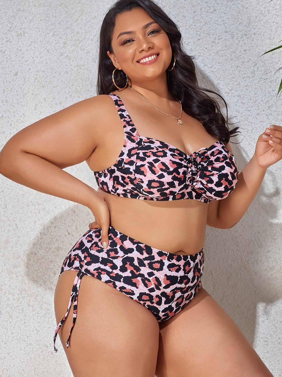 Vibrant Plus Size Printed Drawstring Detail Bikini Set - Kalizeh