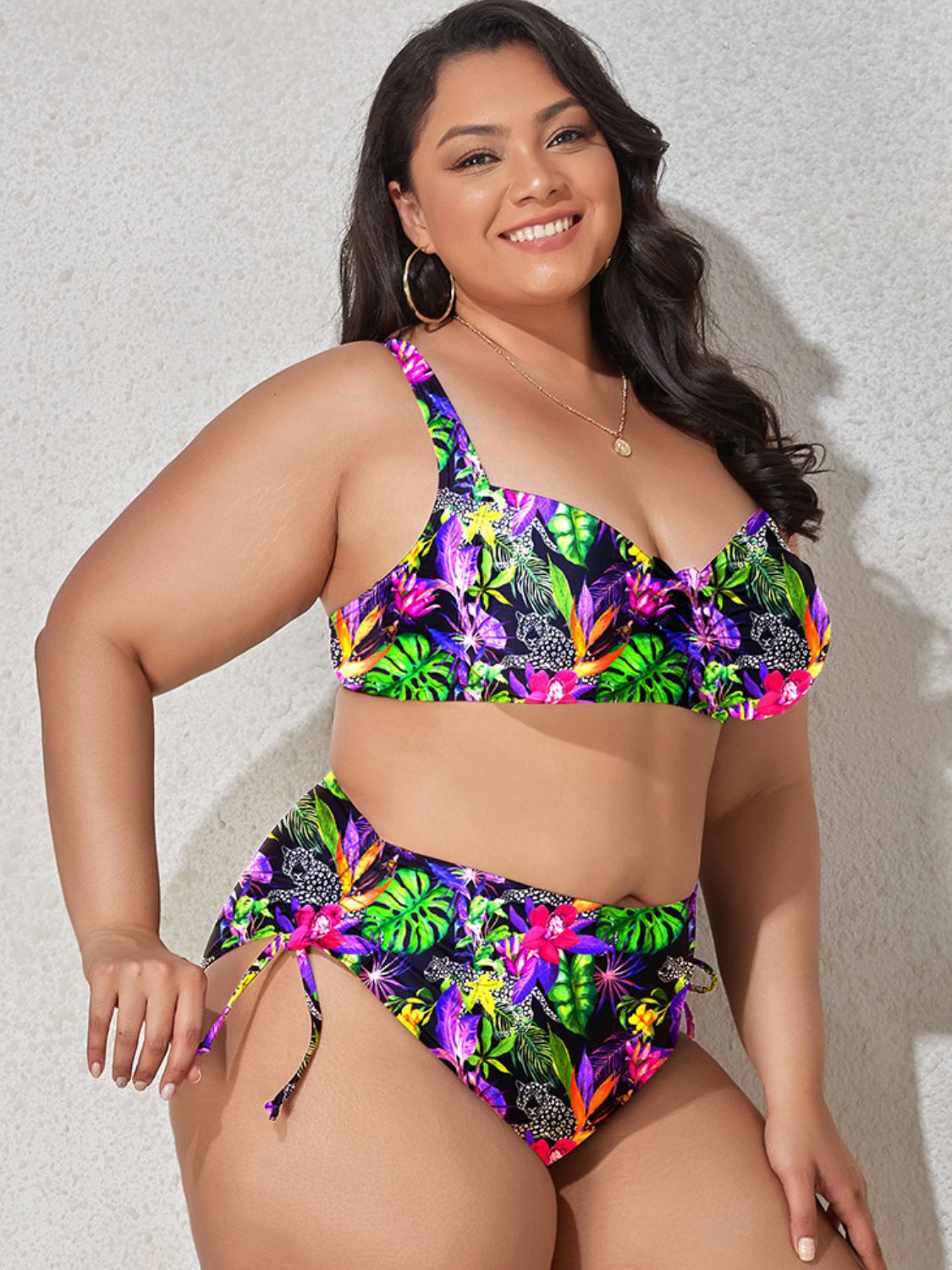 Vibrant Plus Size Printed Drawstring Detail Bikini Set - Kalizeh